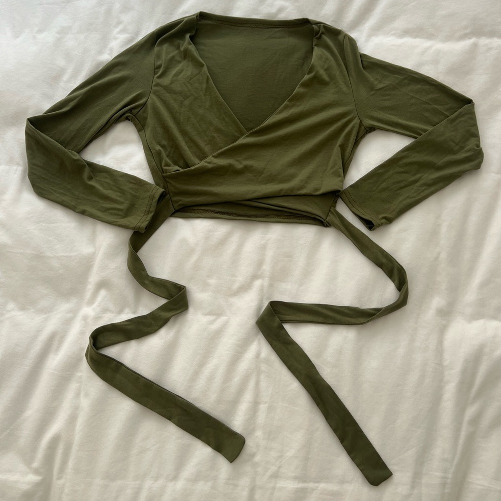 Olive Army Green Cropped Long Sleeve Top with Ties
